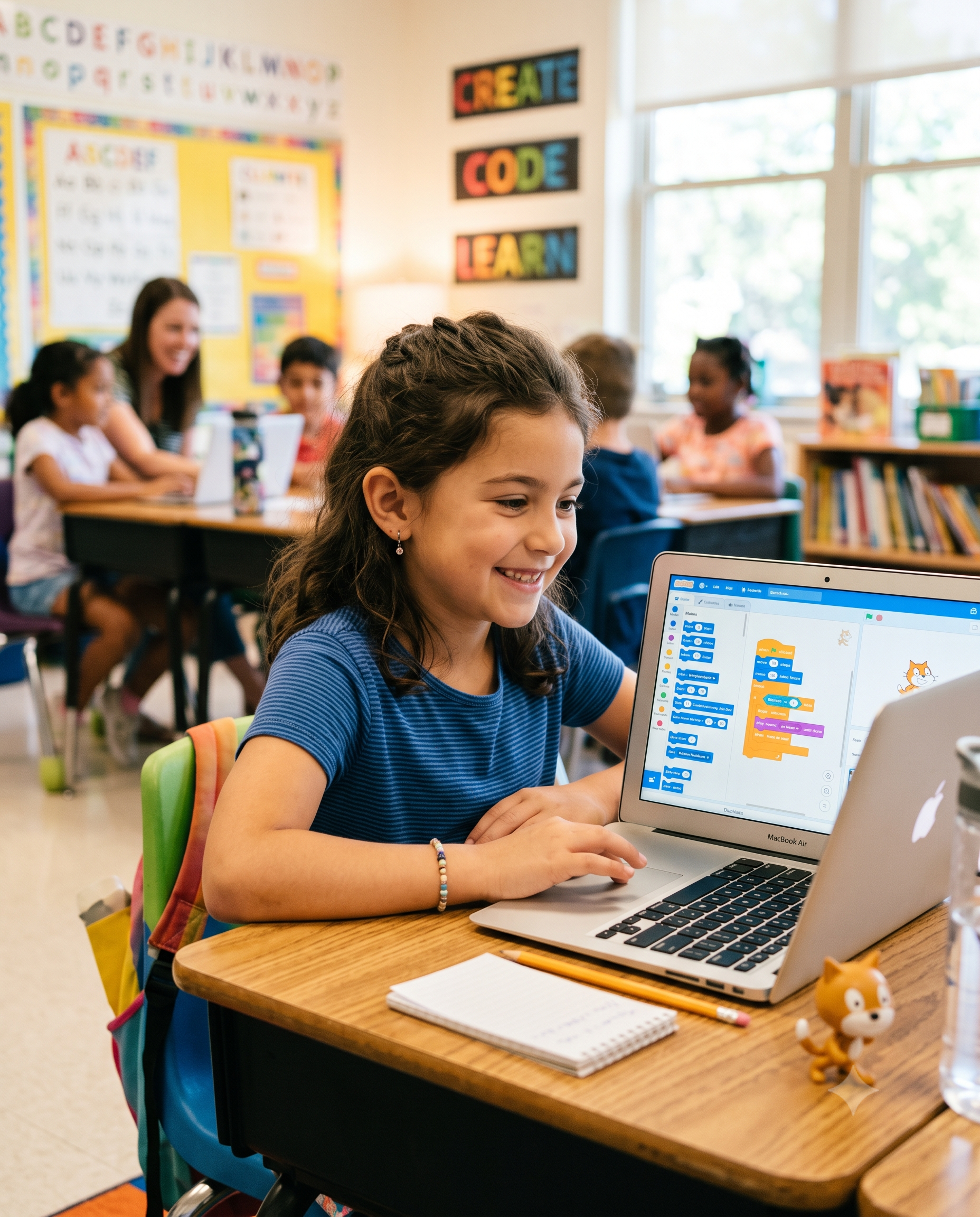 A child learning visual coding and creating a computer game